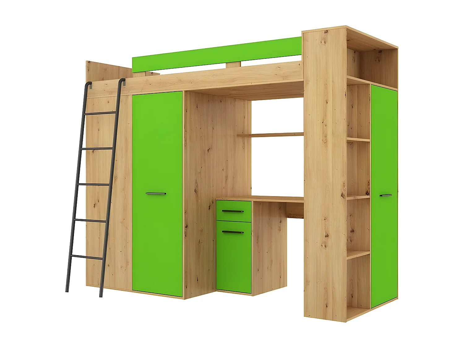 Lit Mezzanine 90x200cm avec échelle Placard, Bureau, bibliothèque et beaucoup d'étagéres VENA L Chêne artisan/vert