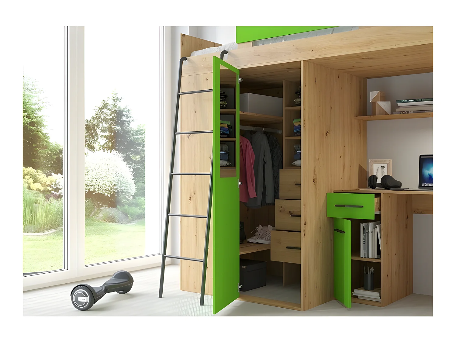 Lit Mezzanine 90x200cm avec échelle Placard, Bureau, bibliothèque et beaucoup d'étagéres VENA L Chêne artisan/vert