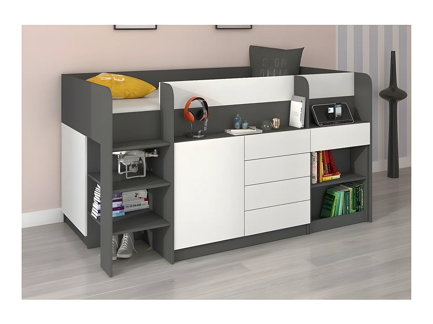 Lit Mezzanine 90x200cm avec échelle Placard, Bureau amovible, bibliothèque et  des étagéres SMIDA L Graphite/Blanc