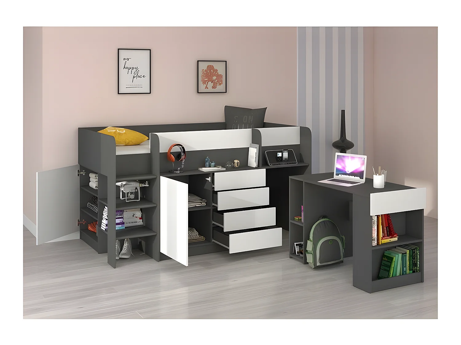 Lit Mezzanine 90x200cm avec échelle Placard, Bureau amovible, bibliothèque et  des étagéres SMIDA L Graphite/Blanc