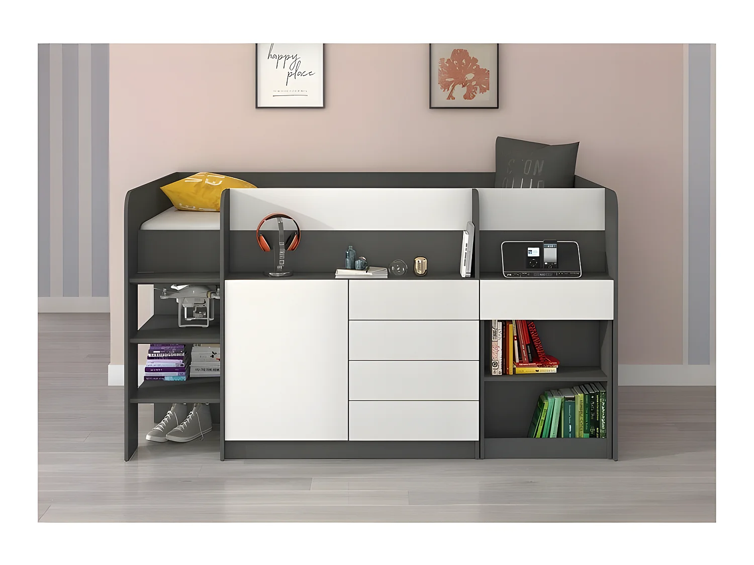 Lit Mezzanine 90x200cm avec échelle Placard, Bureau amovible, bibliothèque et  des étagéres SMIDA L Graphite/Blanc