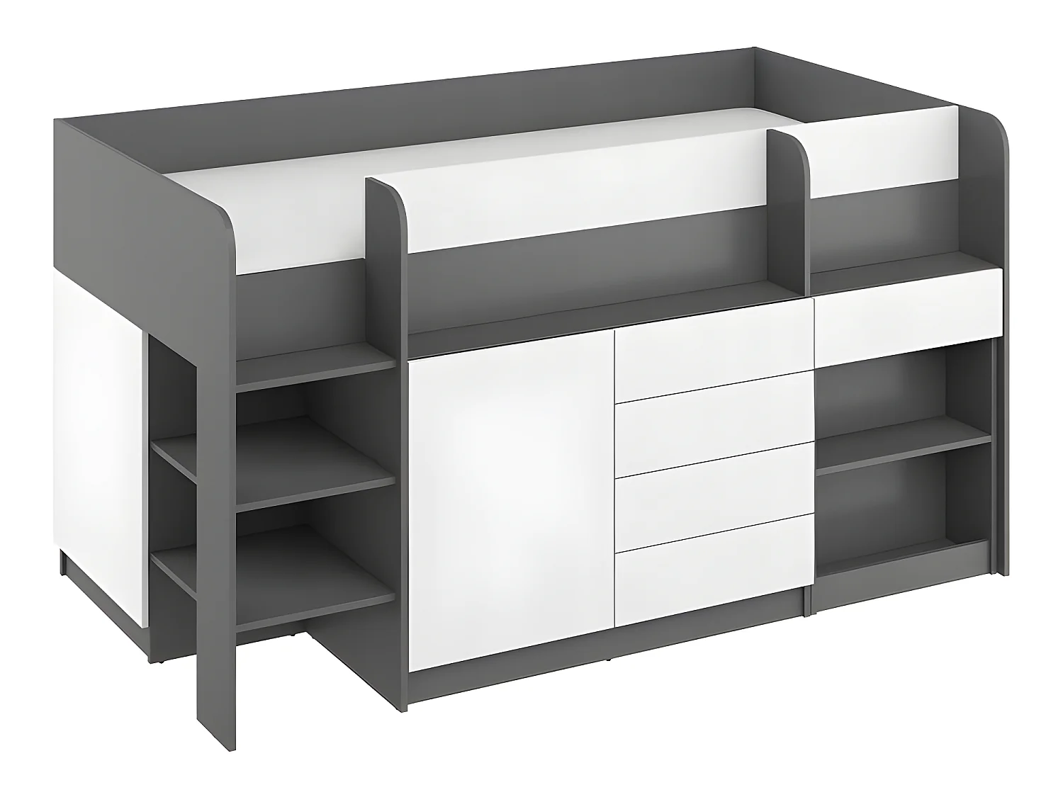 Lit Mezzanine 90x200cm avec échelle Placard, Bureau amovible, bibliothèque et  des étagéres SMIDA L Graphite/Blanc