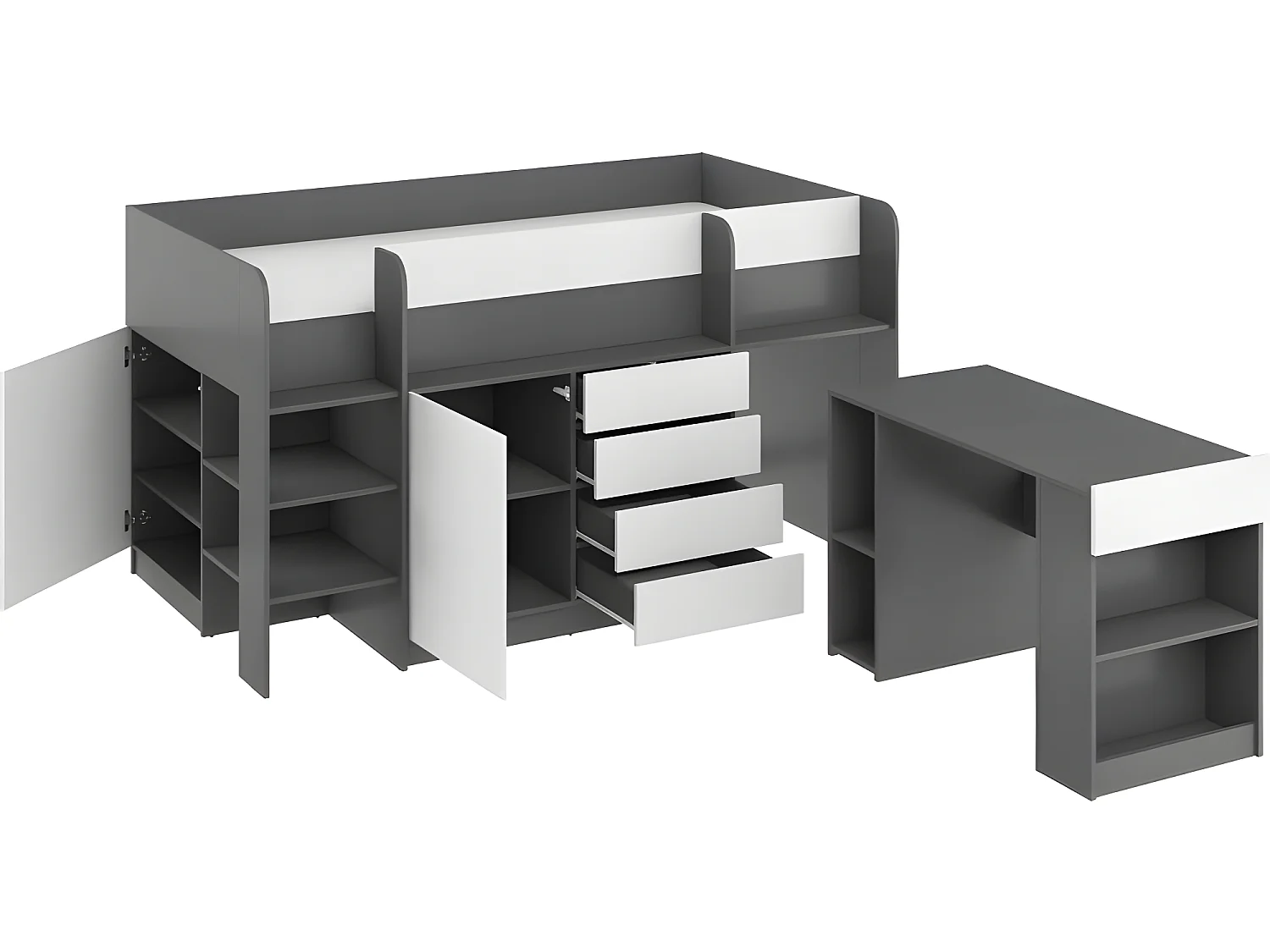 Lit Mezzanine 90x200cm avec échelle Placard, Bureau amovible, bibliothèque et  des étagéres SMIDA L Graphite/Blanc