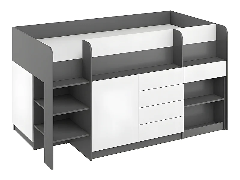 Lit Mezzanine 90x200cm avec échelle Placard, Bureau amovible, bibliothèque et  des étagéres SMIDA L Graphite/Blanc