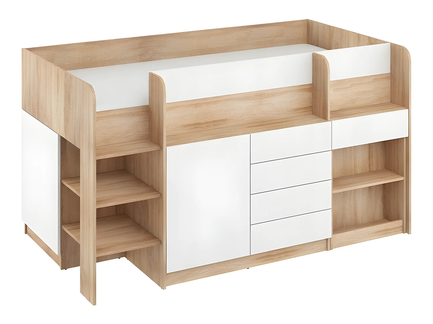 Lit Mezzanine 90x200cm avec échelle Placard, Bureau amovible, bibliothèque et  des étagéres SMIDA L Chêne sonoma/Blanc