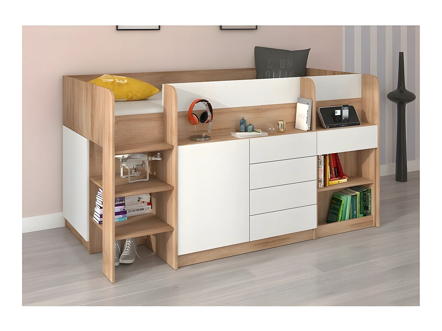 Lit Mezzanine 90x200cm avec échelle Placard, Bureau amovible, bibliothèque et  des étagéres SMIDA L Chêne sonoma/Blanc