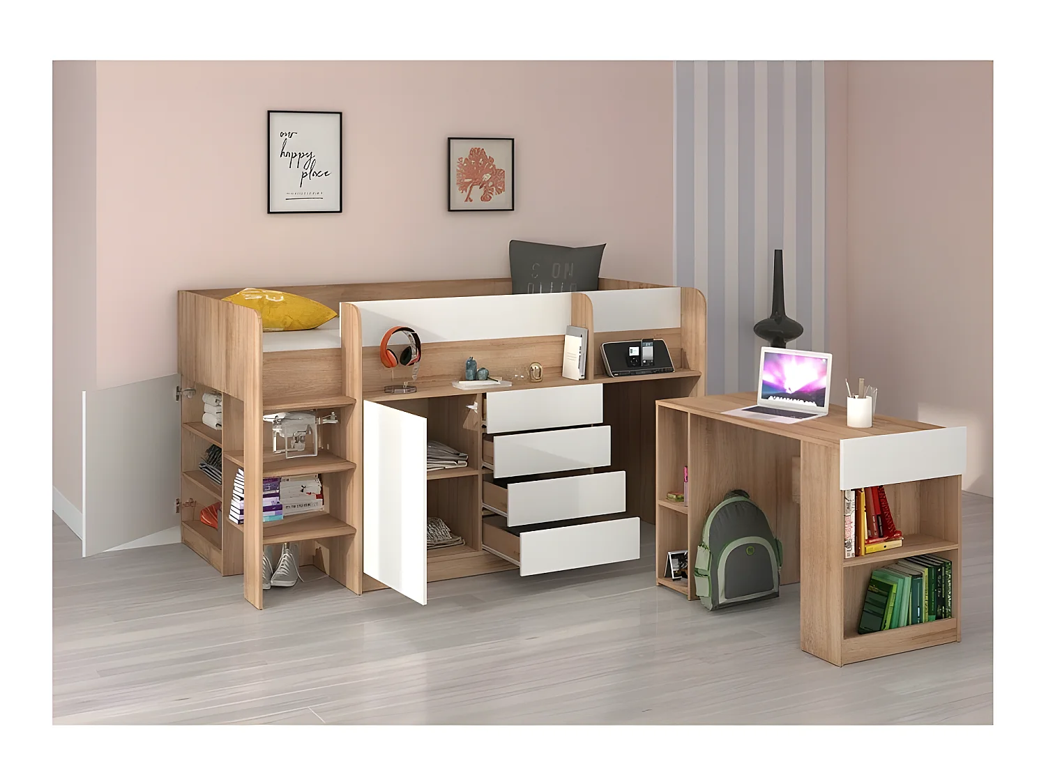 Lit Mezzanine 90x200cm avec échelle Placard, Bureau amovible, bibliothèque et  des étagéres SMIDA L Chêne sonoma/Blanc