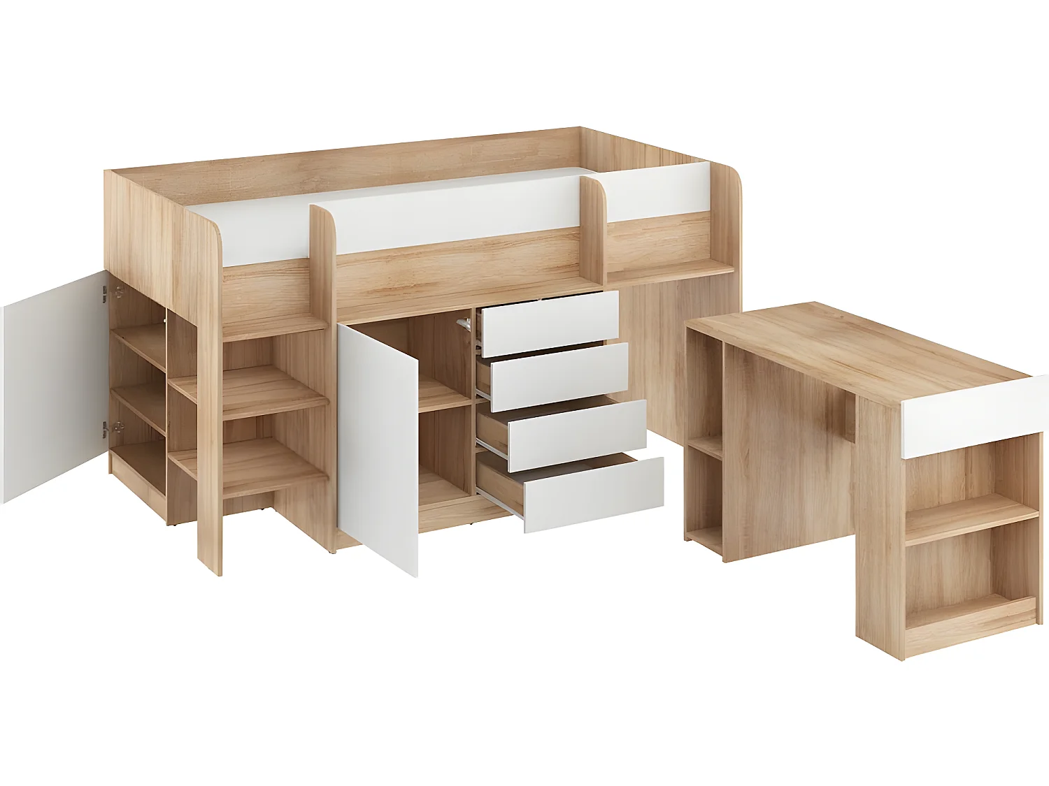 Lit Mezzanine 90x200cm avec échelle Placard, Bureau amovible, bibliothèque et  des étagéres SMIDA L Chêne sonoma/Blanc