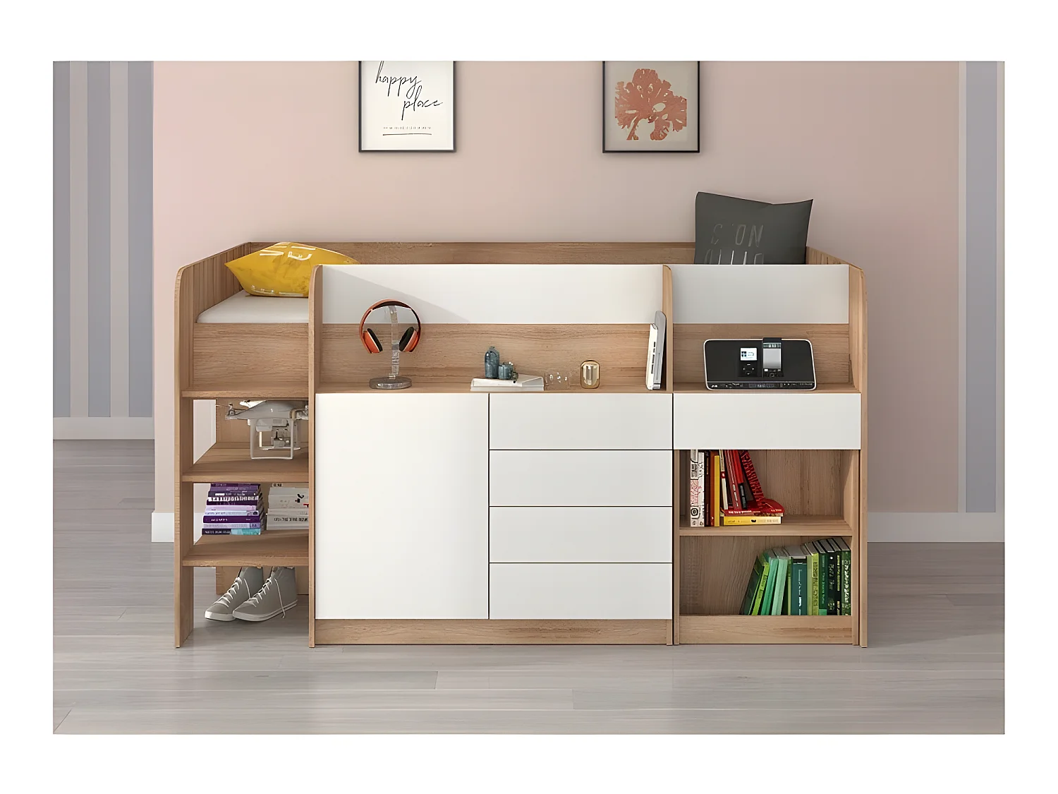 Lit Mezzanine 90x200cm avec échelle Placard, Bureau amovible, bibliothèque et  des étagéres SMIDA L Chêne sonoma/Blanc
