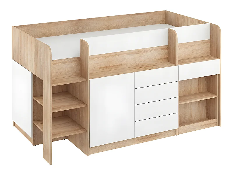 Lit Mezzanine 90x200cm avec échelle Placard, Bureau amovible, bibliothèque et  des étagéres SMIDA L Chêne sonoma/Blanc