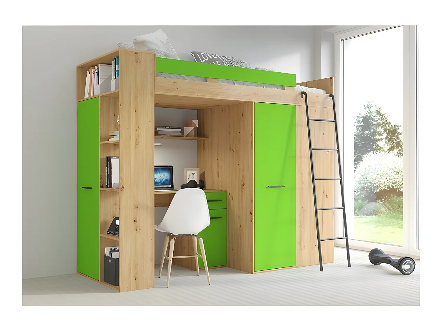 Lit Mezzanine 90x200cm avec échelle Placard, Bureau, bibliothèque et beaucoup d'étagéres VENA P Chêne artisan/vert