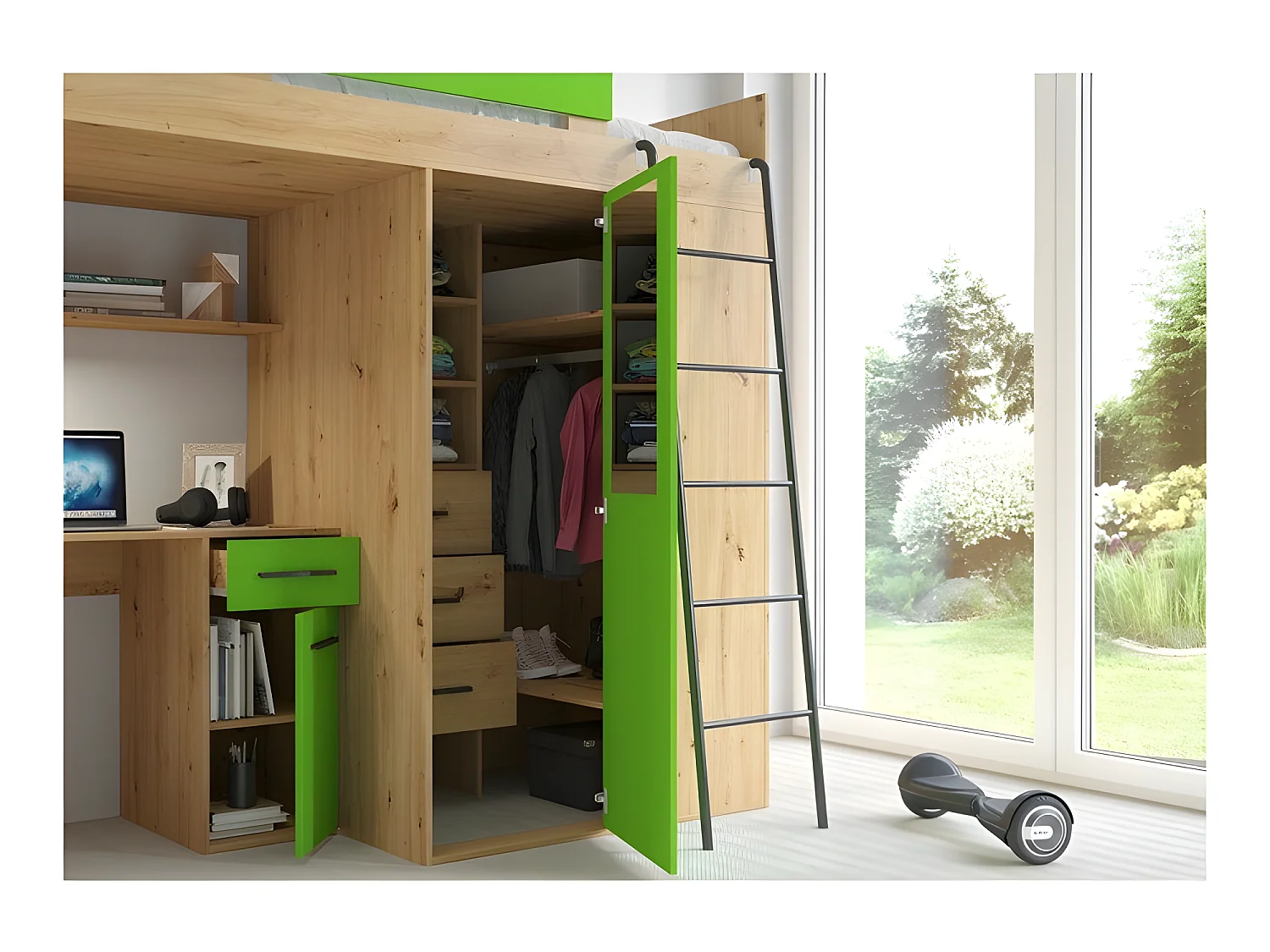 Lit Mezzanine 90x200cm avec échelle Placard, Bureau, bibliothèque et beaucoup d'étagéres VENA P Chêne artisan/vert