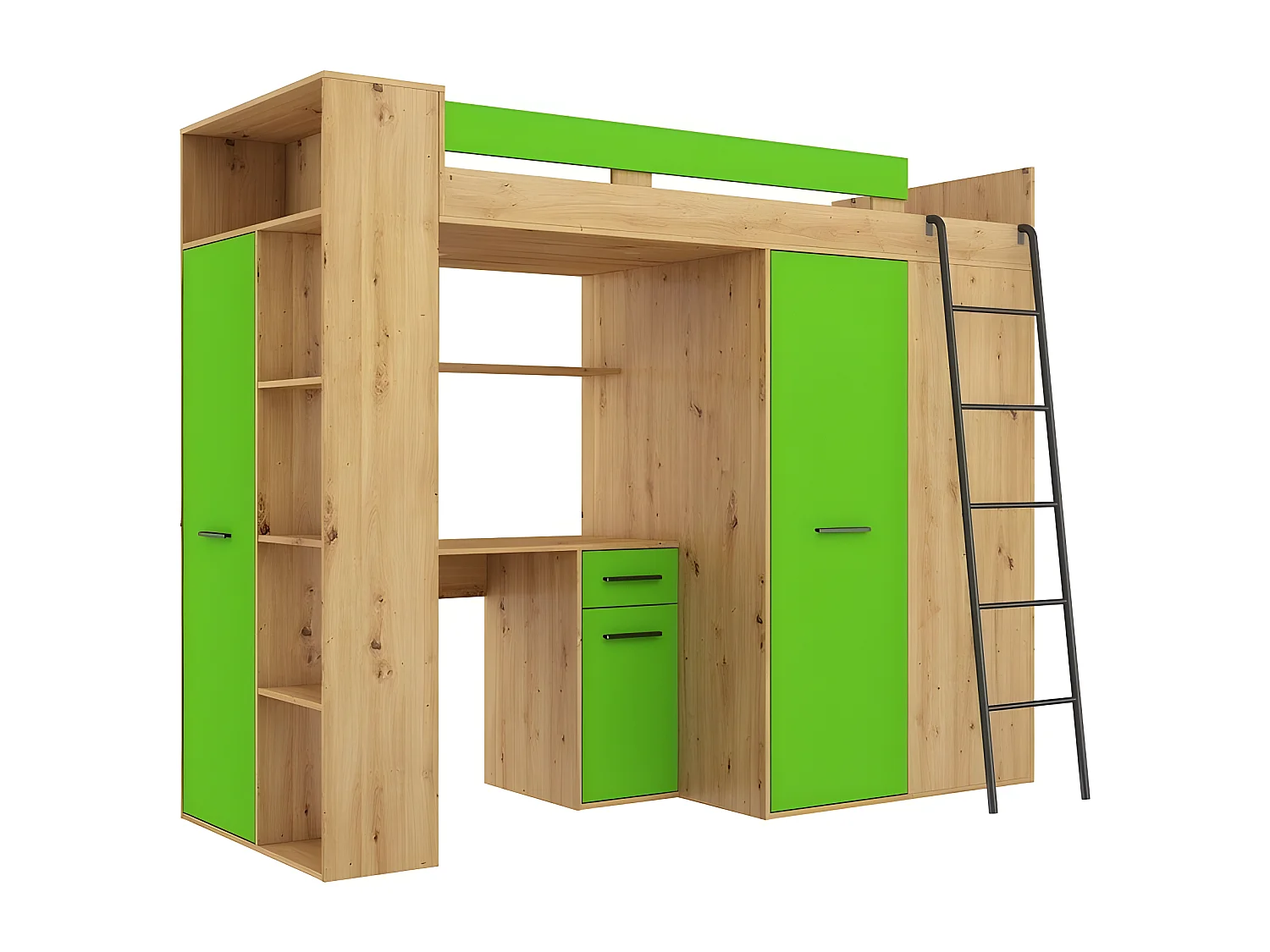 Lit Mezzanine 90x200cm avec échelle Placard, Bureau, bibliothèque et beaucoup d'étagéres VENA P Chêne artisan/vert