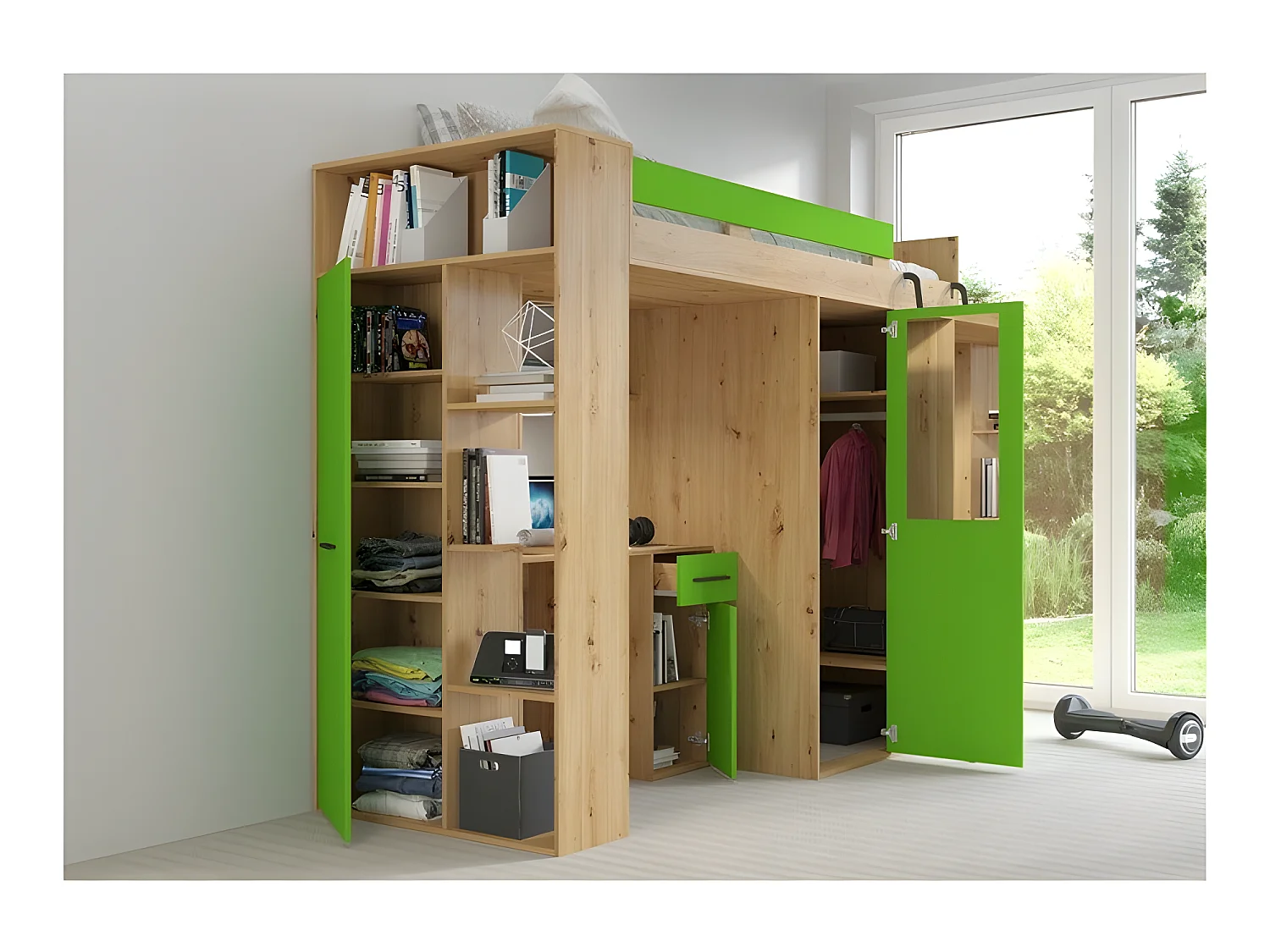 Lit Mezzanine 90x200cm avec échelle Placard, Bureau, bibliothèque et beaucoup d'étagéres VENA P Chêne artisan/vert