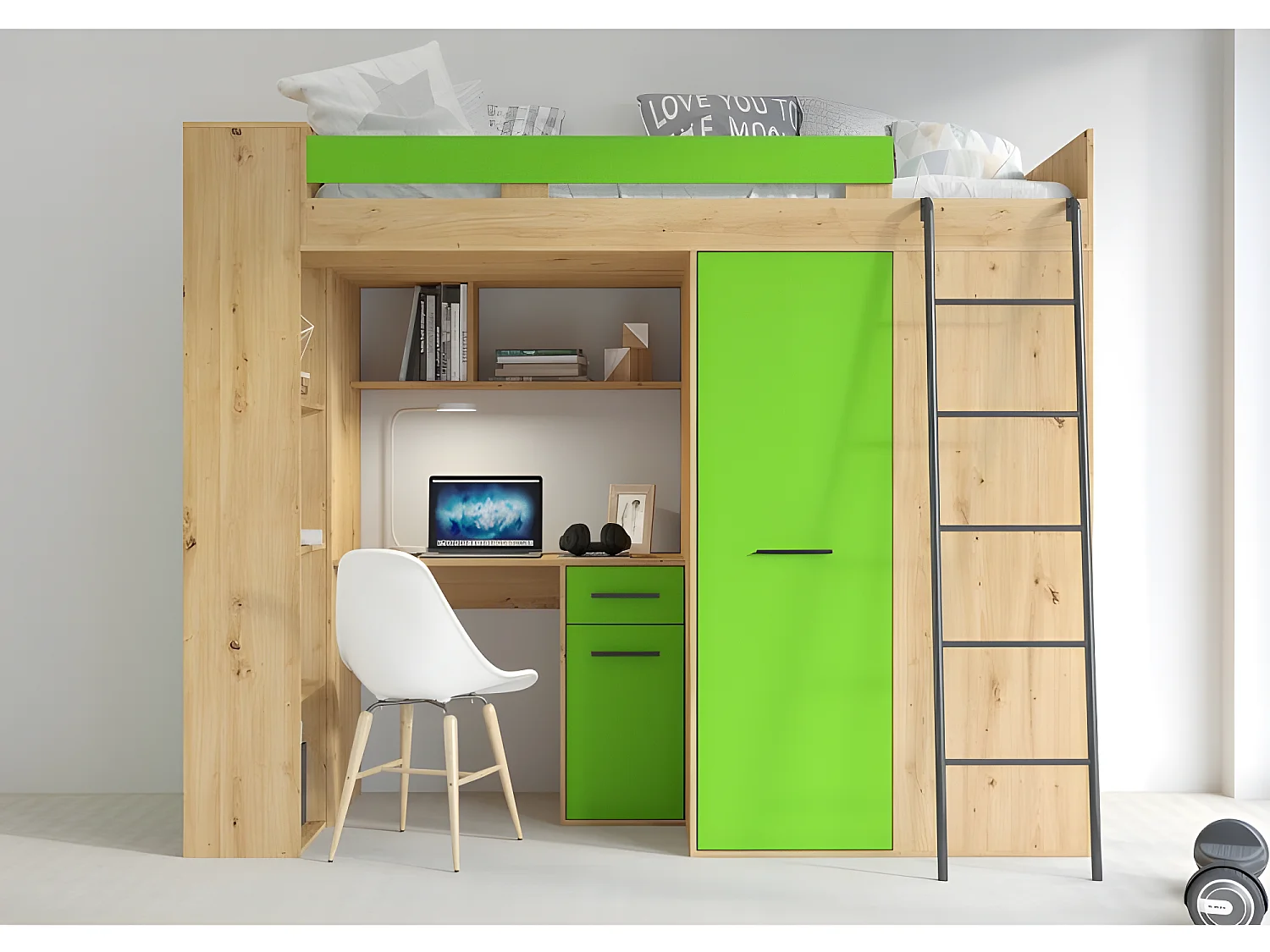 Lit Mezzanine 90x200cm avec échelle Placard, Bureau, bibliothèque et beaucoup d'étagéres VENA P Chêne artisan/vert