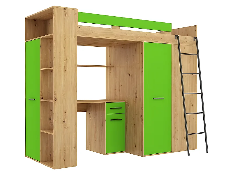 Lit Mezzanine 90x200cm avec échelle Placard, Bureau, bibliothèque et beaucoup d'étagéres VENA P Chêne artisan/vert