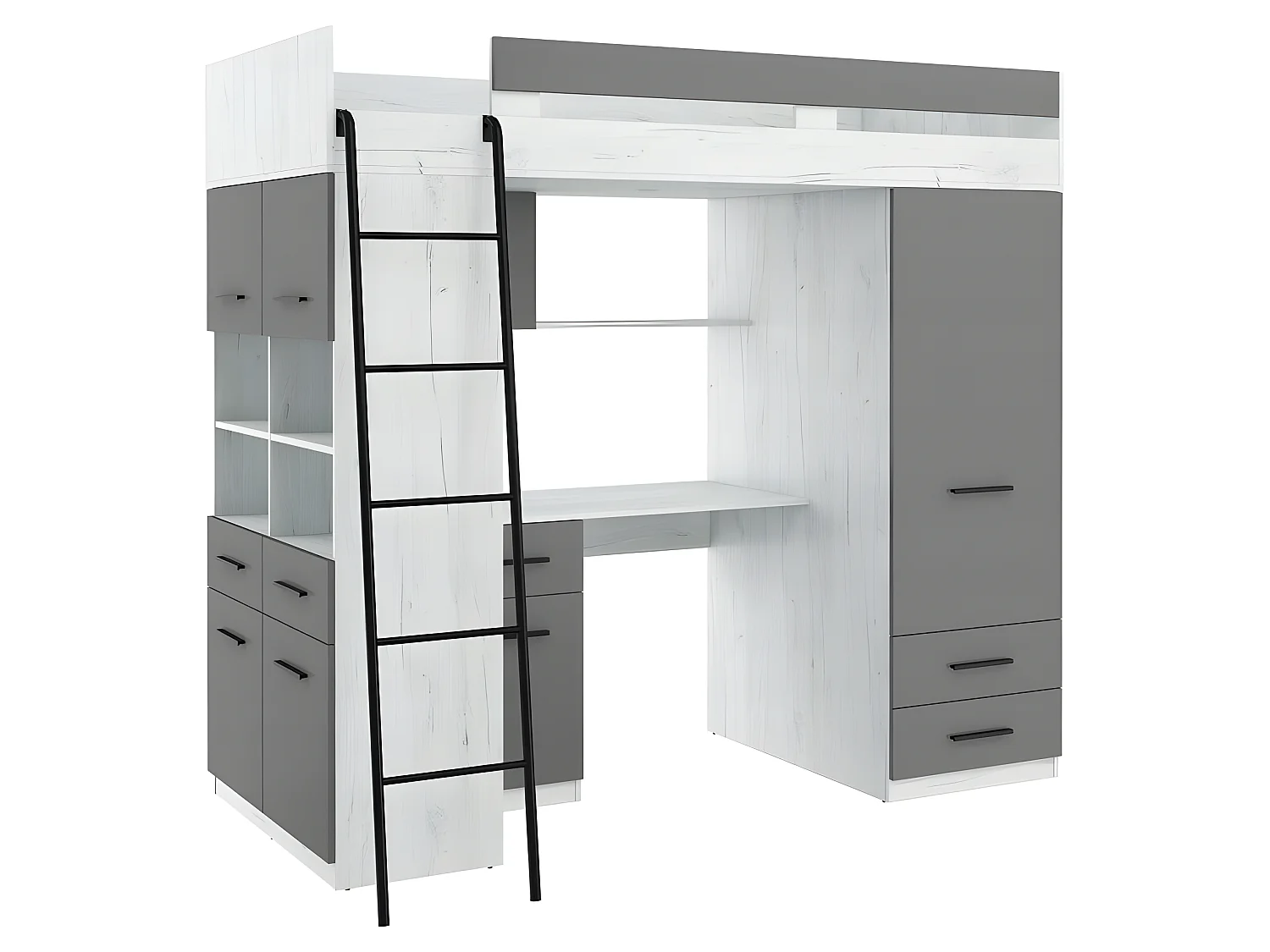 Lit Mezzanine 90x200cm avec échelle Placard, Bureau, bibliothèque et beaucoup d'étagéres LEVI L Blanc artisan/Graphite