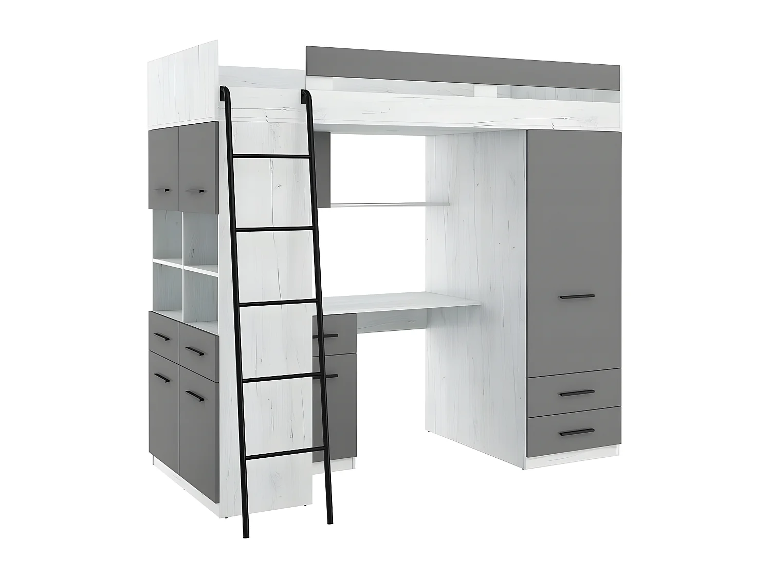 Lit Mezzanine 90x200cm avec échelle Placard, Bureau, bibliothèque et beaucoup d'étagéres LEVI L Blanc artisan/Graphite