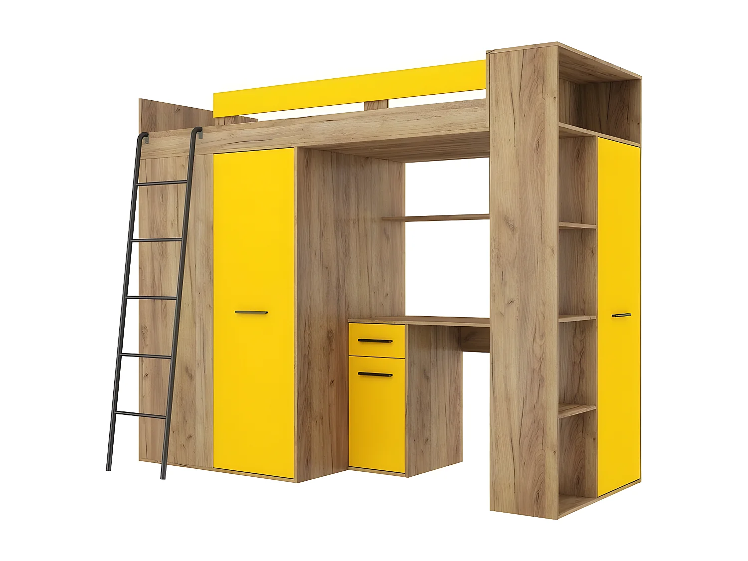 Lit Mezzanine 90x200cm avec échelle Placard, Bureau, bibliothèque et beaucoup d'étagéres VENA L Or artisan/jaune
