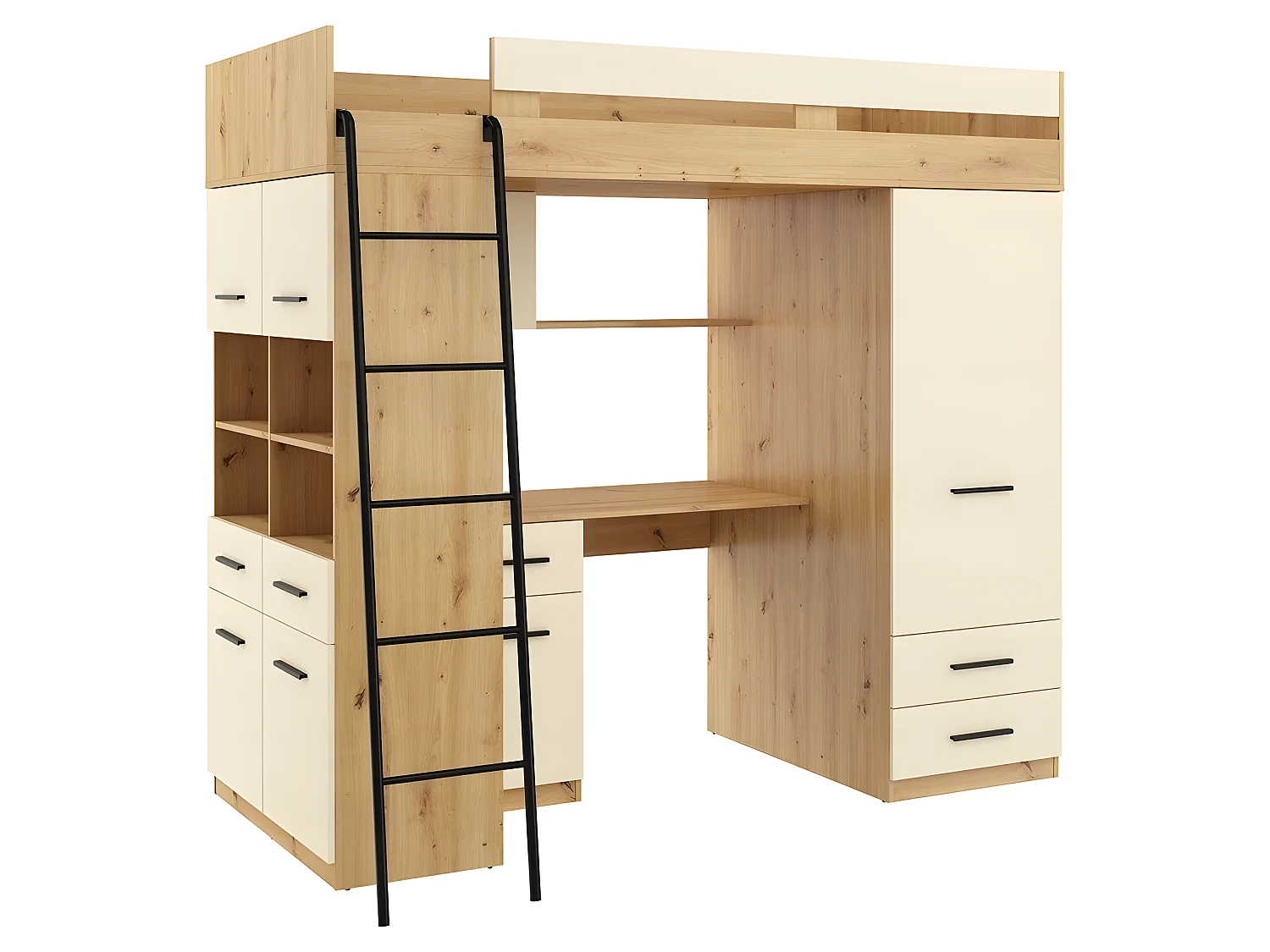 Lit Mezzanine 90x200cm avec échelle Placard, Bureau, bibliothèque et beaucoup d'étagéres LEVI L Chêne artisan/Crème