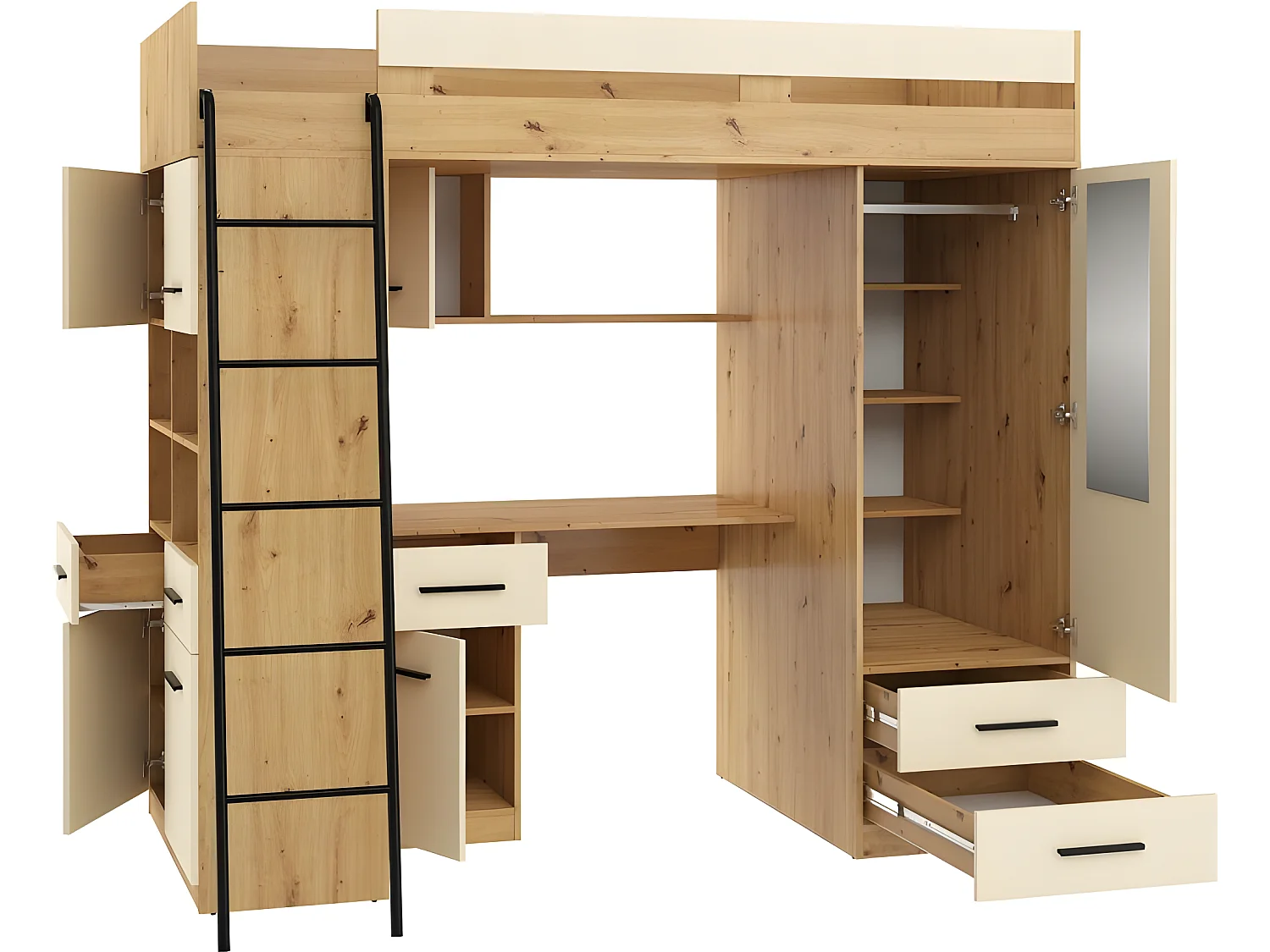 Lit Mezzanine 90x200cm avec échelle Placard, Bureau, bibliothèque et beaucoup d'étagéres LEVI L Chêne artisan/Crème