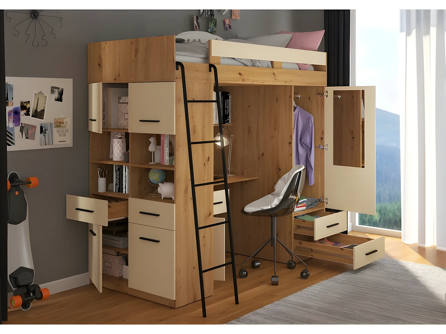 Lit Mezzanine 90x200cm avec échelle Placard, Bureau, bibliothèque et beaucoup d'étagéres LEVI L Chêne artisan/Crème