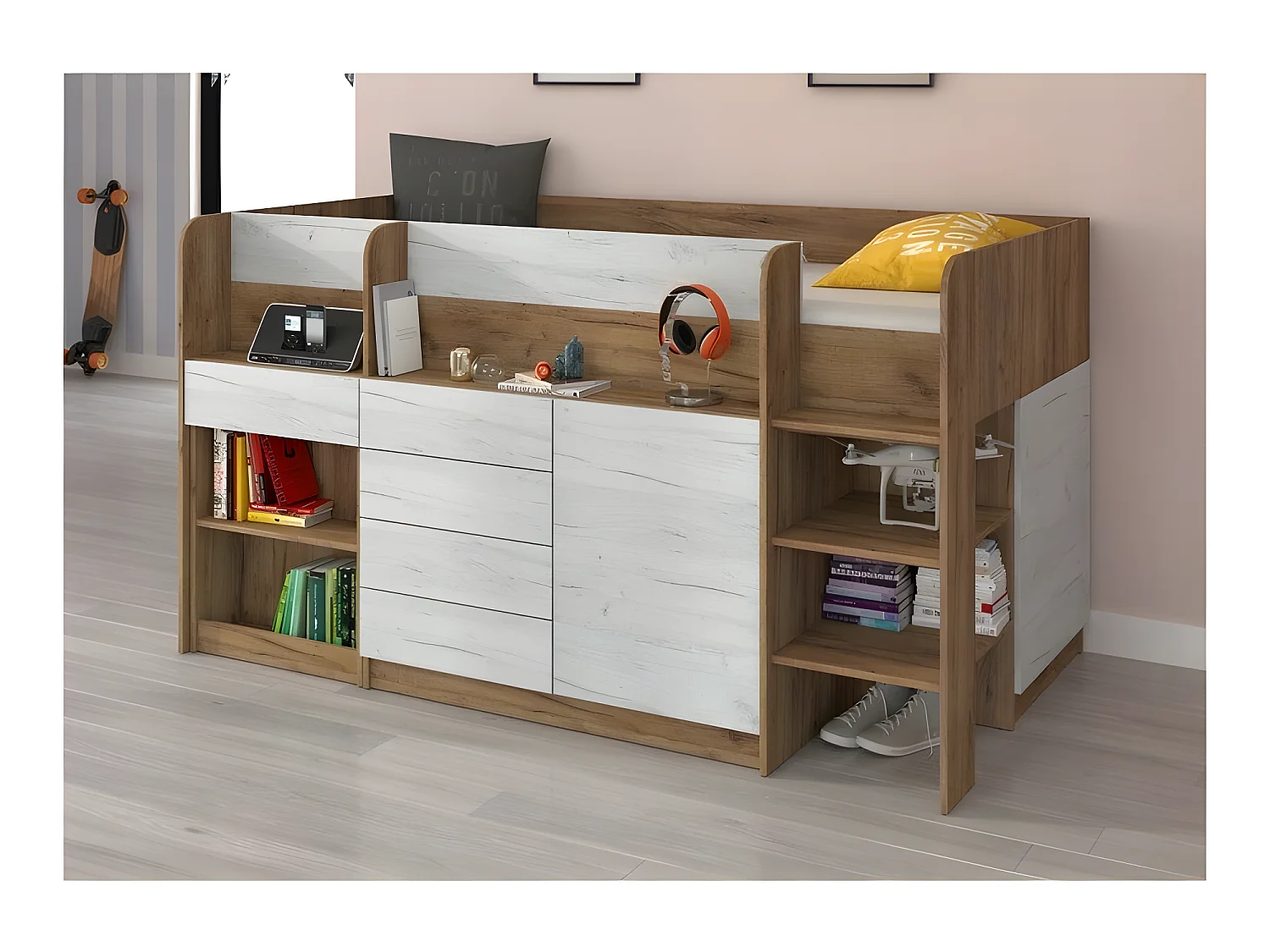 Lit Mezzanine 90x200cm avec échelle Placard, Bureau amovible, bibliothèque et  des étagéres SMIDA P Chêne or/Blanc