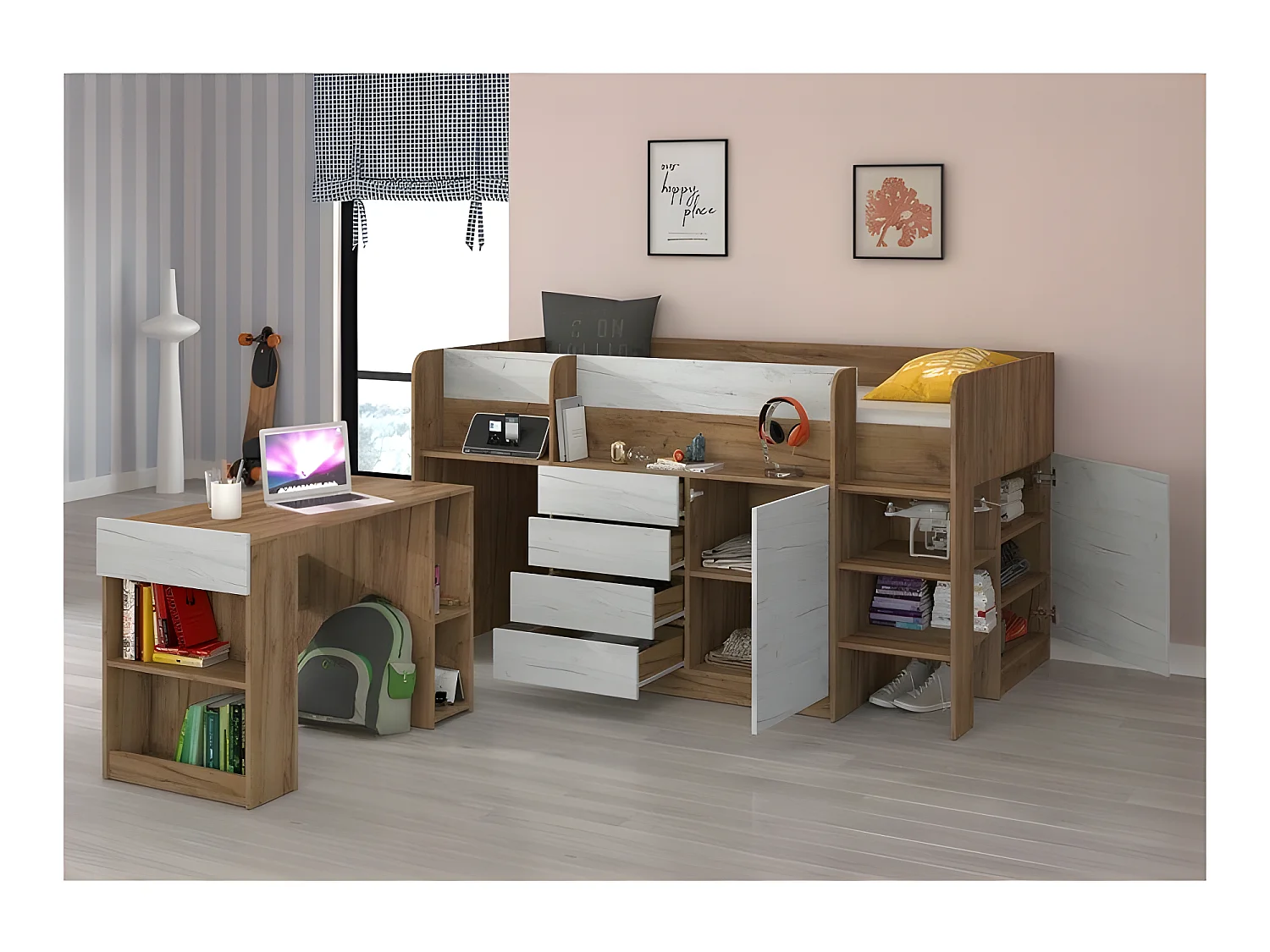 Lit Mezzanine 90x200cm avec échelle Placard, Bureau amovible, bibliothèque et  des étagéres SMIDA P Chêne or/Blanc