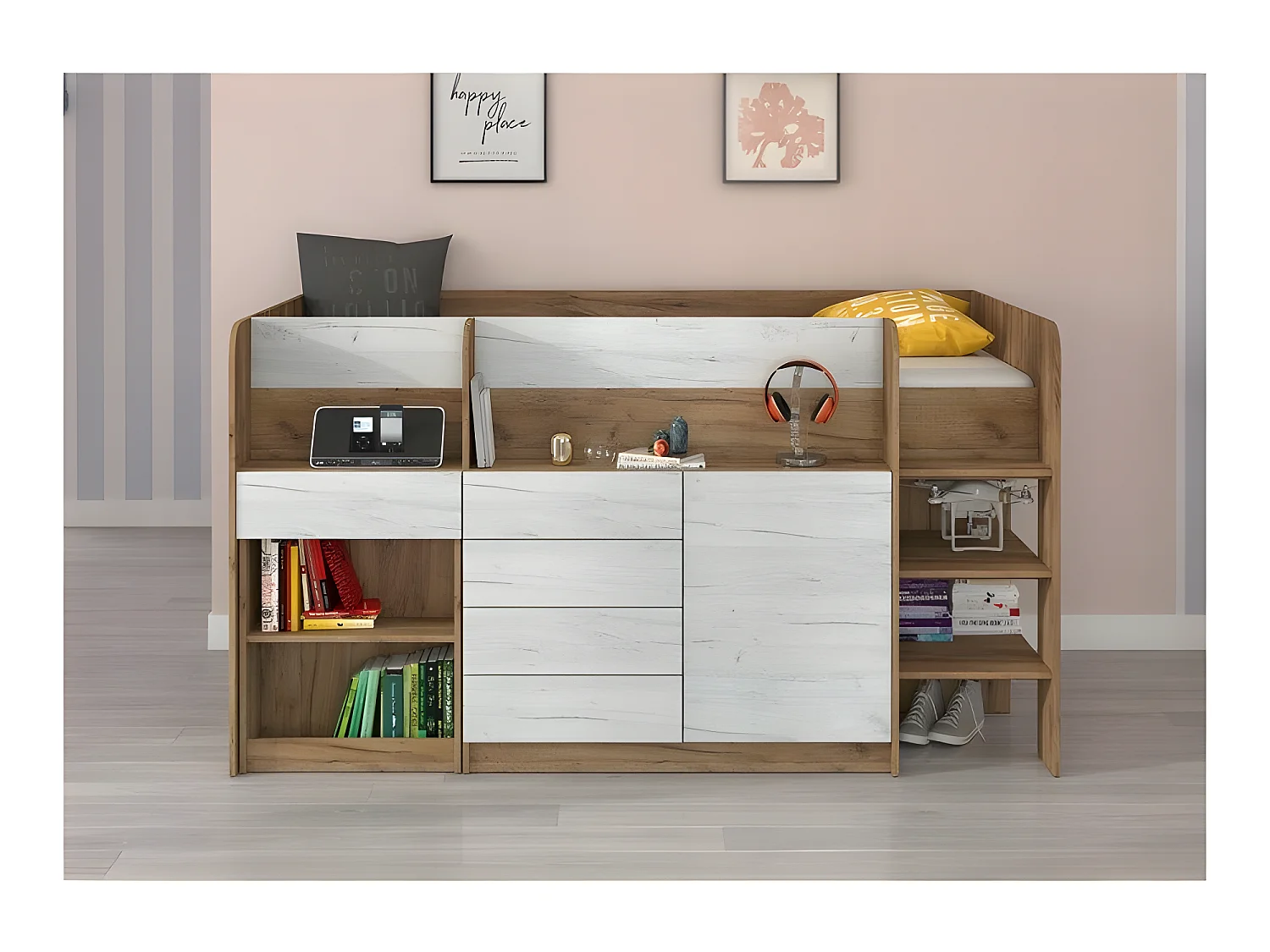 Lit Mezzanine 90x200cm avec échelle Placard, Bureau amovible, bibliothèque et  des étagéres SMIDA P Chêne or/Blanc