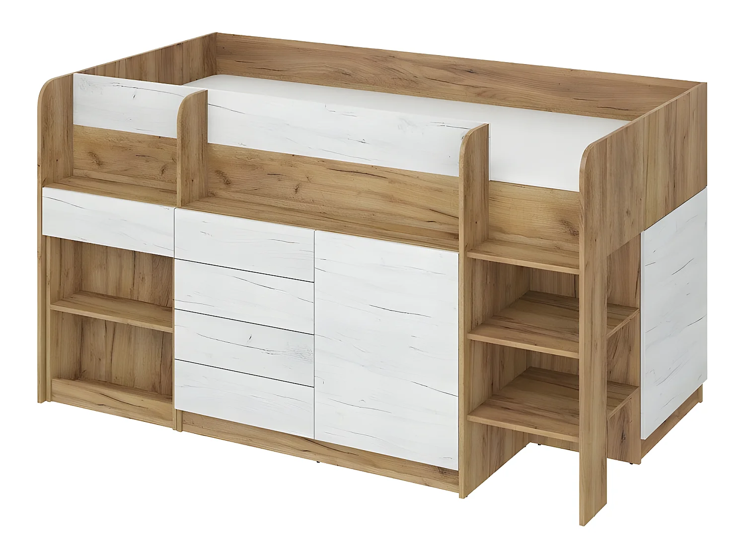 Lit Mezzanine 90x200cm avec échelle Placard, Bureau amovible, bibliothèque et  des étagéres SMIDA P Chêne or/Blanc