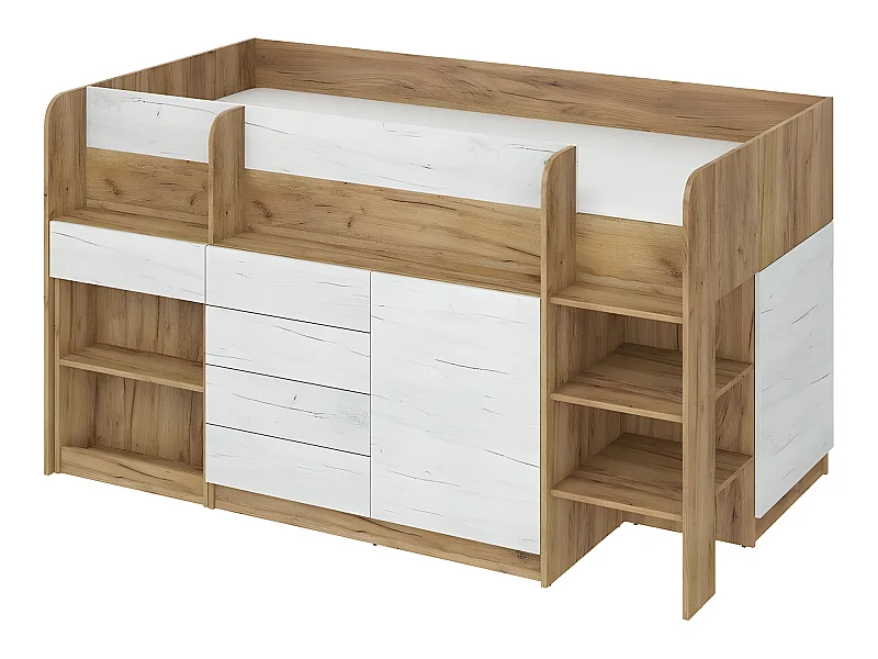 Lit Mezzanine 90x200cm avec échelle Placard, Bureau amovible, bibliothèque et  des étagéres SMIDA P Chêne or/Blanc