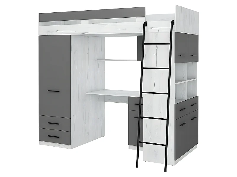 Lit Mezzanine 90x200cm avec échelle Placard, Bureau, bibliothèque et beaucoup d'étagéres LEVI P Blanc artisan/Graphite