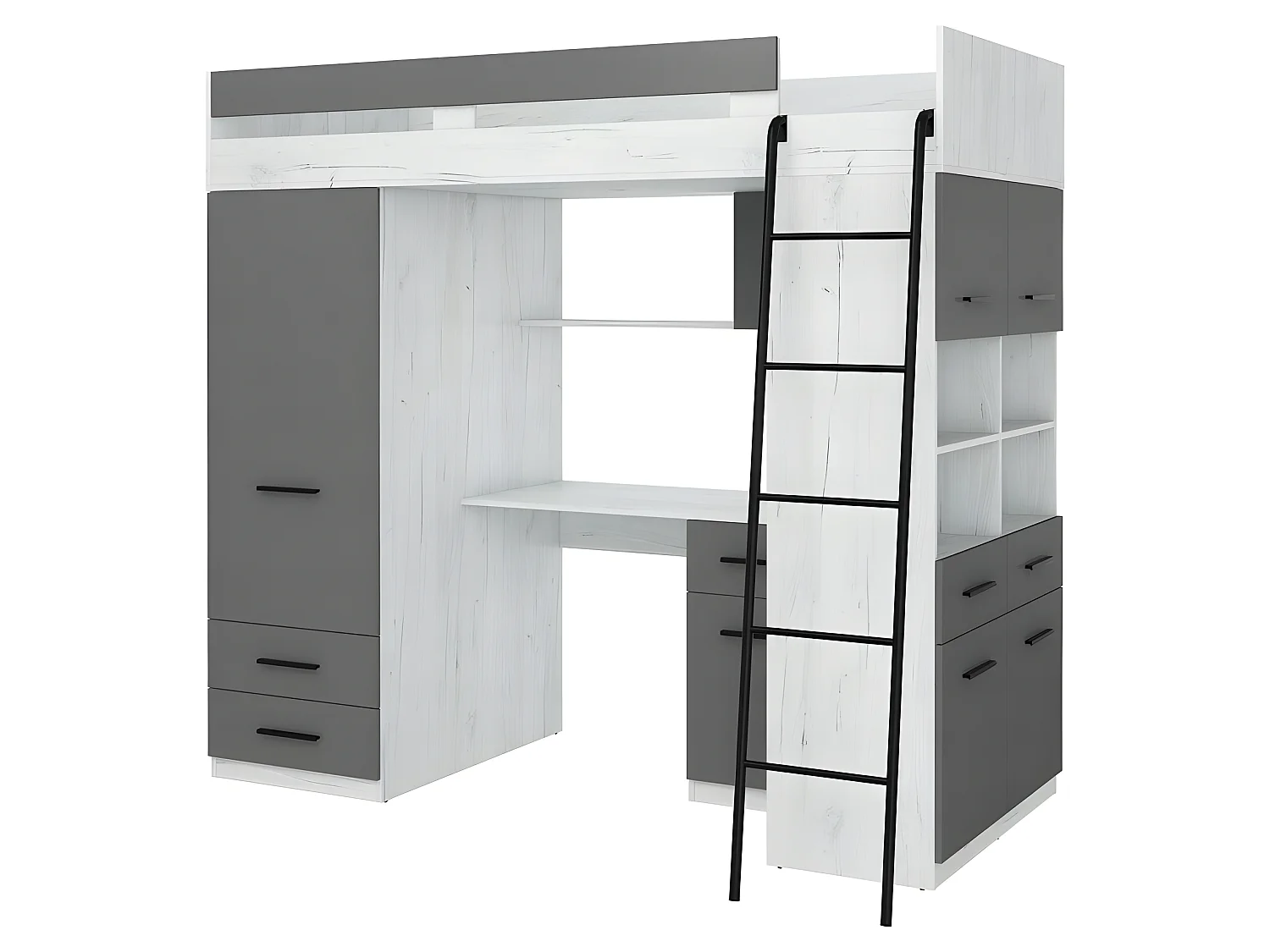 Lit Mezzanine 90x200cm avec échelle Placard, Bureau, bibliothèque et beaucoup d'étagéres LEVI P Blanc artisan/Graphite