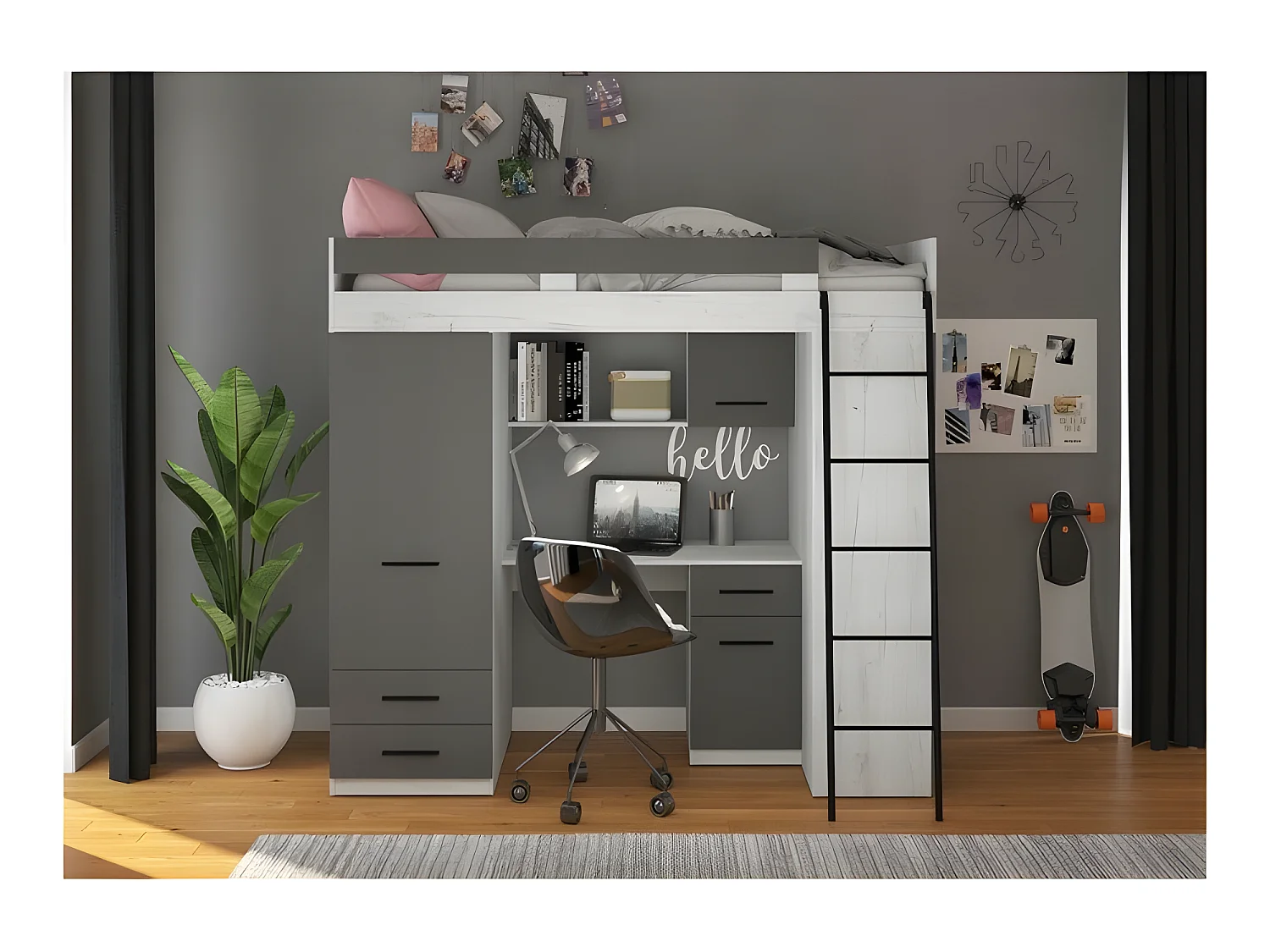 Lit Mezzanine 90x200cm avec échelle Placard, Bureau, bibliothèque et beaucoup d'étagéres LEVI P Blanc artisan/Graphite