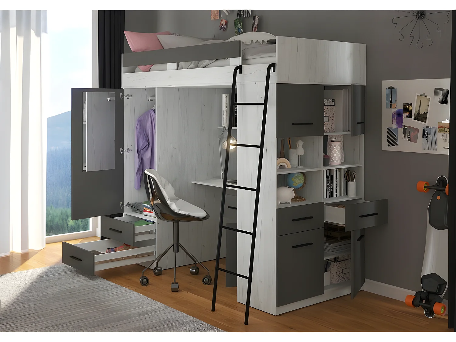 Lit Mezzanine 90x200cm avec échelle Placard, Bureau, bibliothèque et beaucoup d'étagéres LEVI P Blanc artisan/Graphite