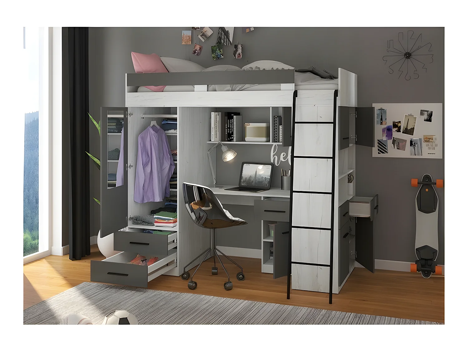 Lit Mezzanine 90x200cm avec échelle Placard, Bureau, bibliothèque et beaucoup d'étagéres LEVI P Blanc artisan/Graphite