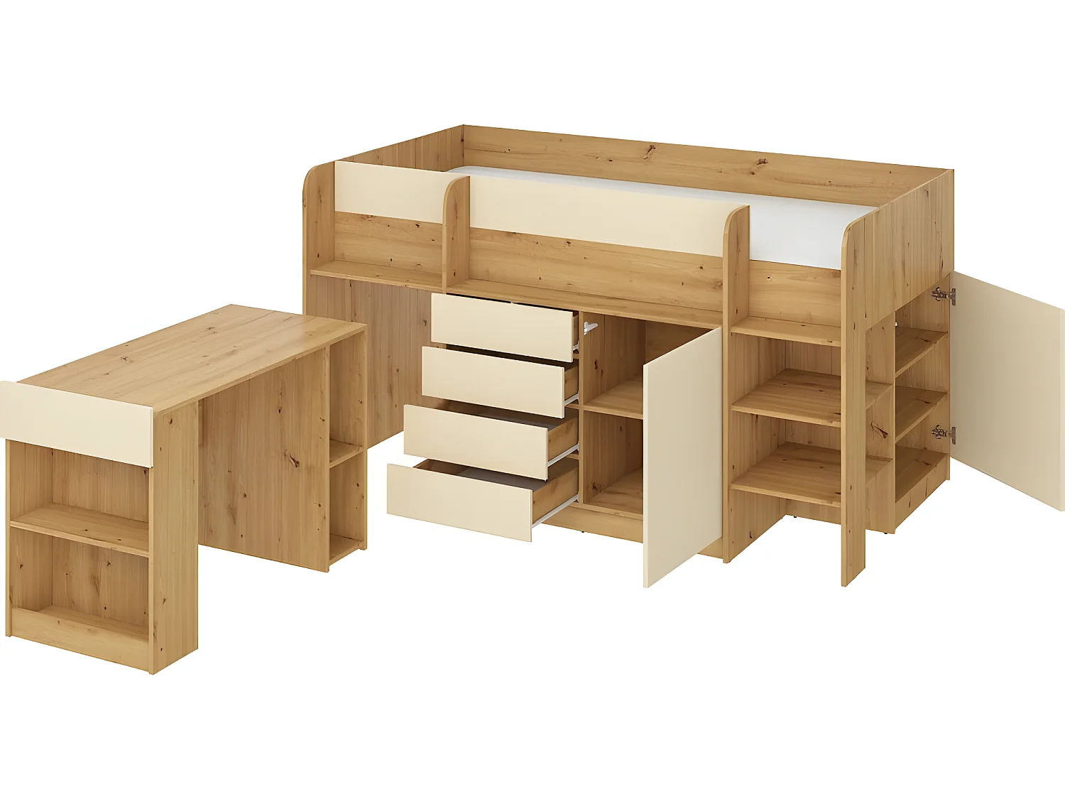 Lit Mezzanine 90x200cm avec échelle Placard, Bureau amovible, bibliothèque et  des étagéres SMIDA P Chêne artisan/Crème