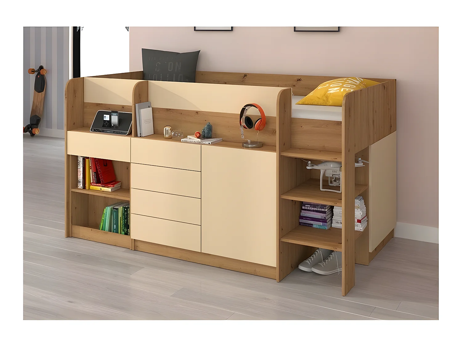 Lit Mezzanine 90x200cm avec échelle Placard, Bureau amovible, bibliothèque et  des étagéres SMIDA P Chêne artisan/Crème