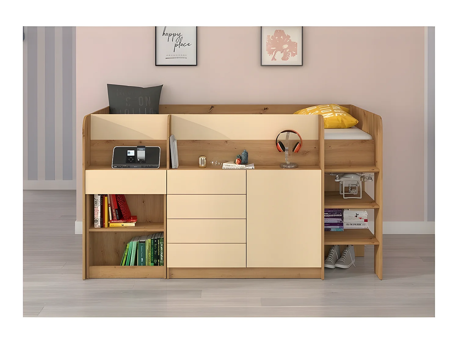 Lit Mezzanine 90x200cm avec échelle Placard, Bureau amovible, bibliothèque et  des étagéres SMIDA P Chêne artisan/Crème