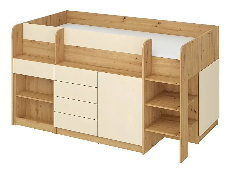 Lit Mezzanine 90x200cm avec échelle Placard, Bureau amovible, bibliothèque et  des étagéres SMIDA P Chêne artisan/Crème