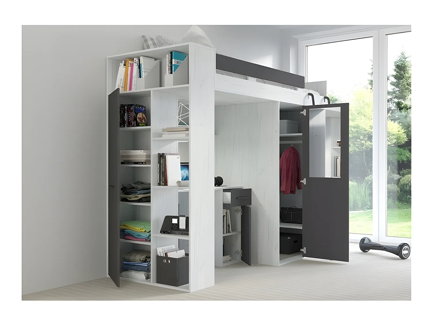 Lit Mezzanine 90x200cm avec échelle Placard, Bureau, bibliothèque et beaucoup d'étagéres VENA P Blanc artisan /Graphite