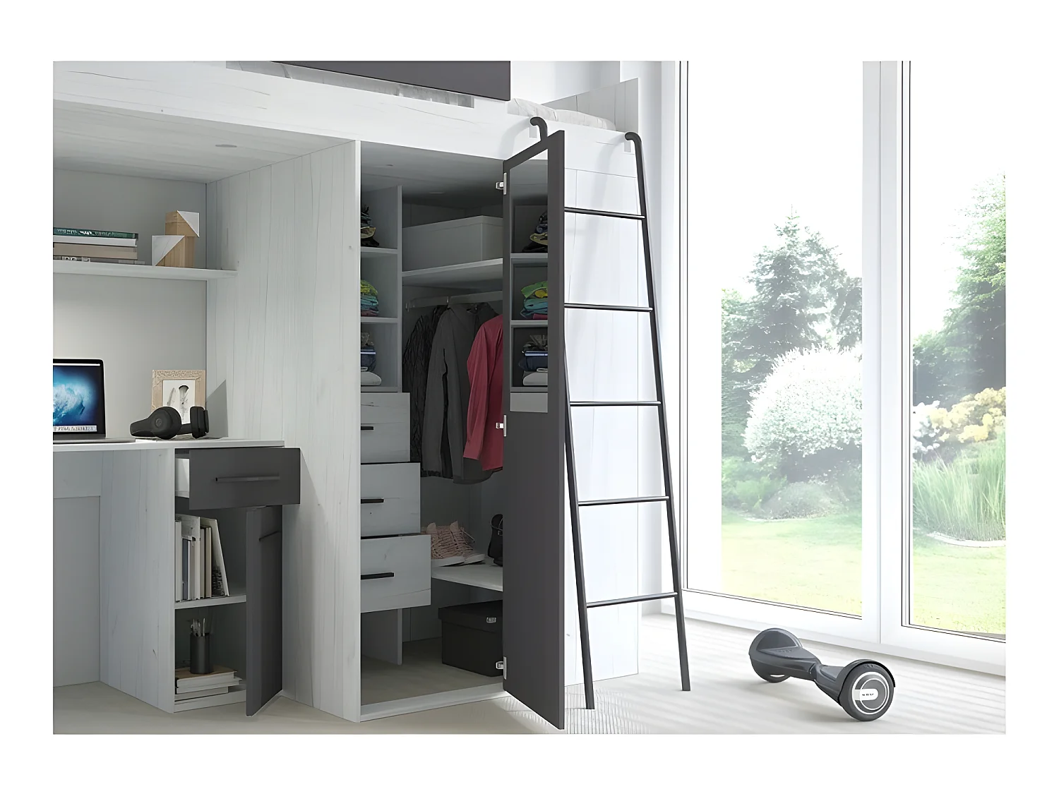 Lit Mezzanine 90x200cm avec échelle Placard, Bureau, bibliothèque et beaucoup d'étagéres VENA P Blanc artisan /Graphite