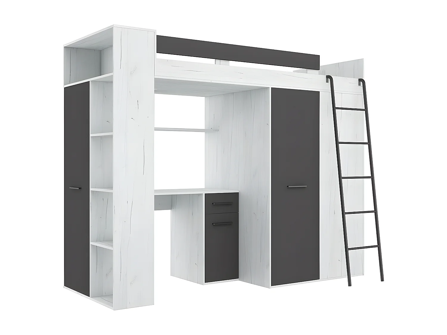 Lit Mezzanine 90x200cm avec échelle Placard, Bureau, bibliothèque et beaucoup d'étagéres VENA P Blanc artisan /Graphite