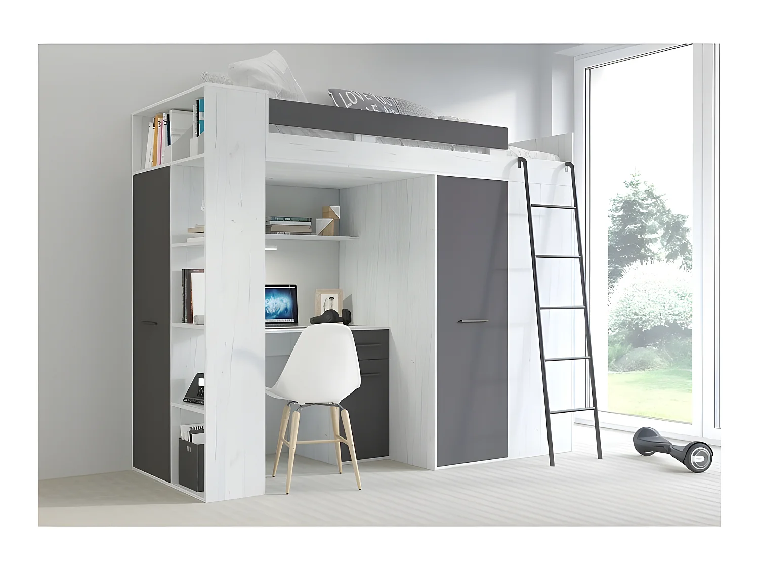 Lit Mezzanine 90x200cm avec échelle Placard, Bureau, bibliothèque et beaucoup d'étagéres VENA P Blanc artisan /Graphite