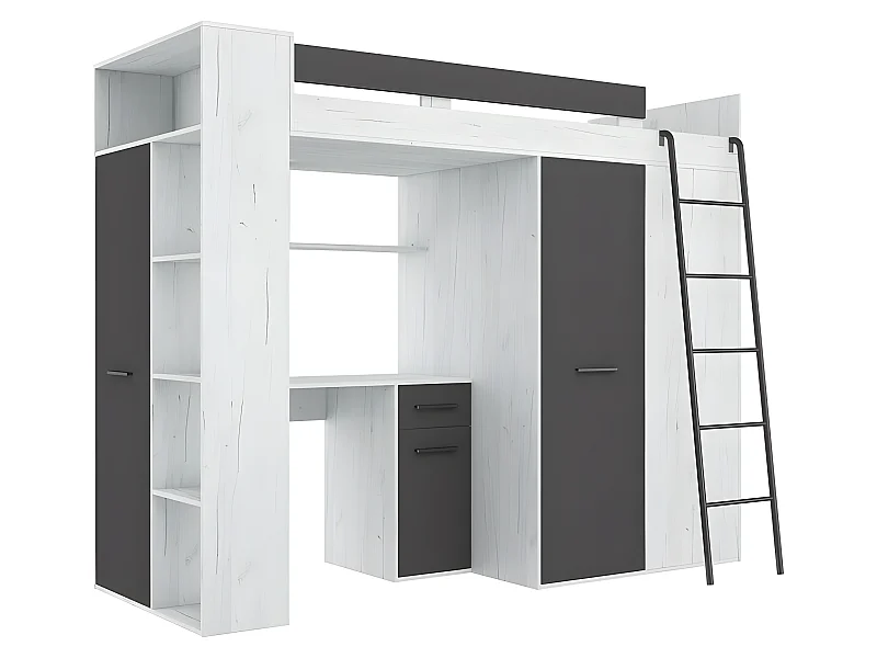 Lit Mezzanine 90x200cm avec échelle Placard, Bureau, bibliothèque et beaucoup d'étagéres VENA P Blanc artisan /Graphite