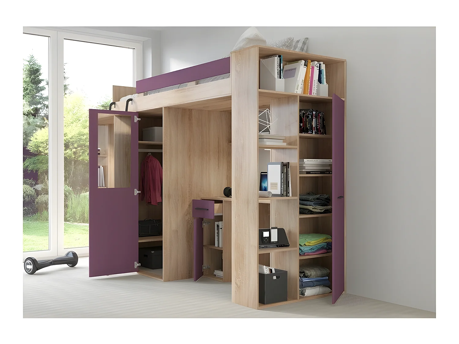 Lit Mezzanine 90x200cm avec échelle Placard, Bureau, bibliothèque et beaucoup d'étagéres VENA L Sonoma/Violet