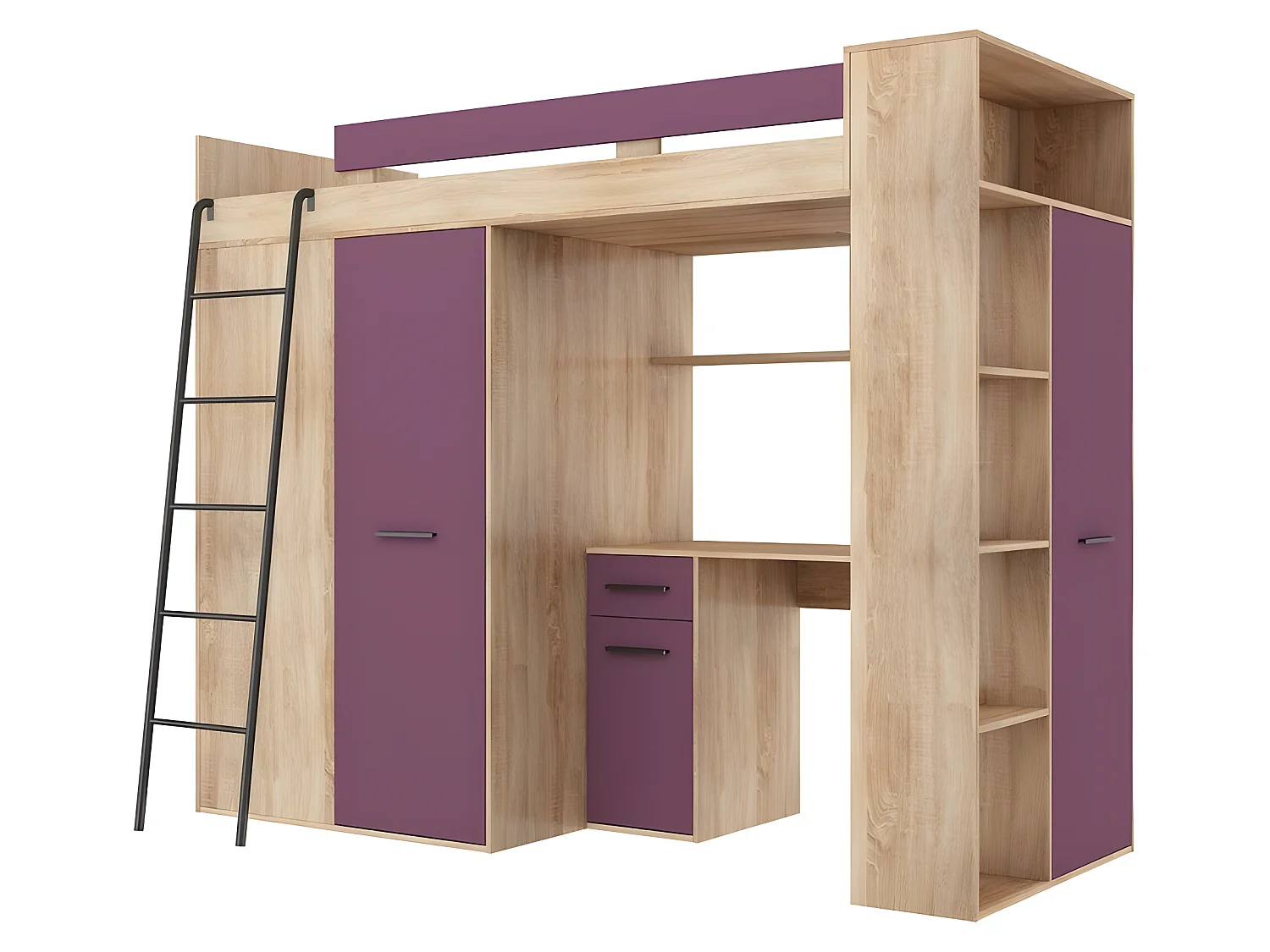 Lit Mezzanine 90x200cm avec échelle Placard, Bureau, bibliothèque et beaucoup d'étagéres VENA L Sonoma/Violet