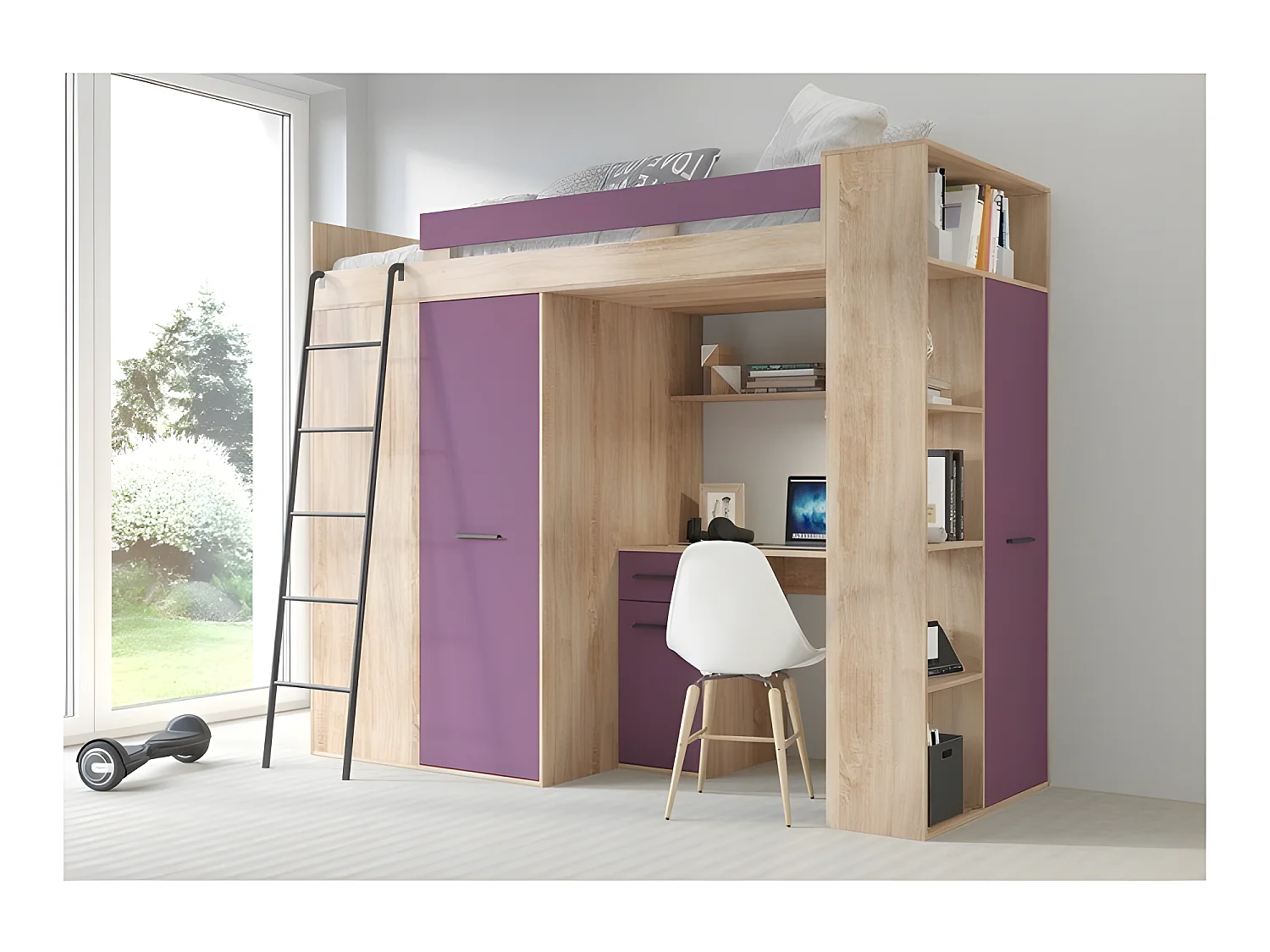 Lit Mezzanine 90x200cm avec échelle Placard, Bureau, bibliothèque et beaucoup d'étagéres VENA L Sonoma/Violet