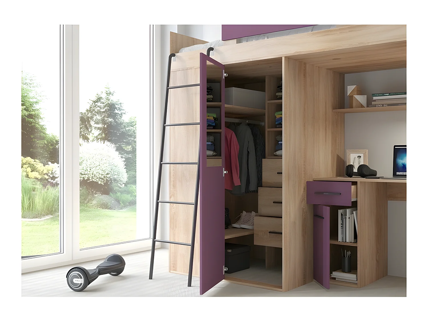 Lit Mezzanine 90x200cm avec échelle Placard, Bureau, bibliothèque et beaucoup d'étagéres VENA L Sonoma/Violet