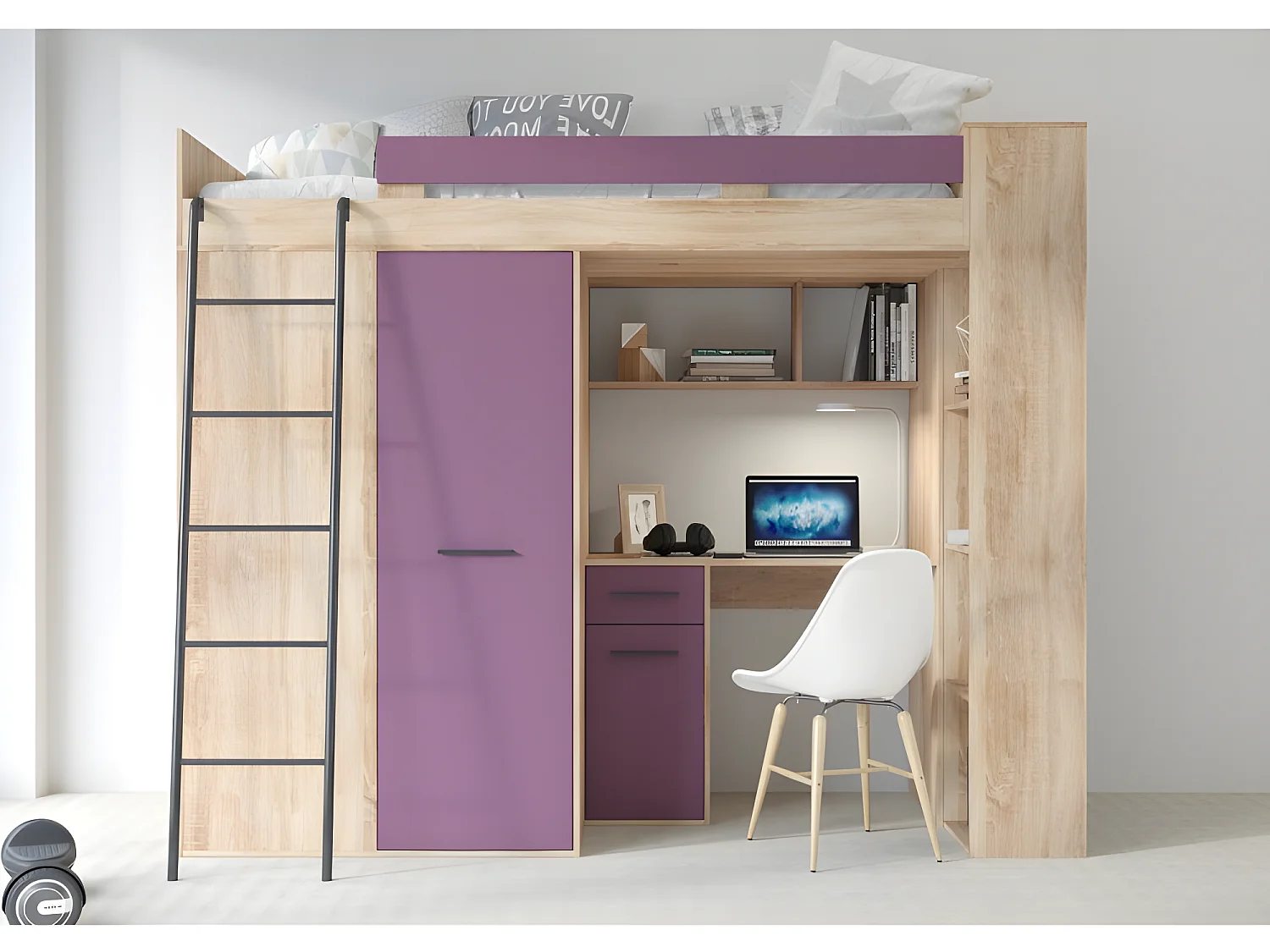 Lit Mezzanine 90x200cm avec échelle Placard, Bureau, bibliothèque et beaucoup d'étagéres VENA L Sonoma/Violet